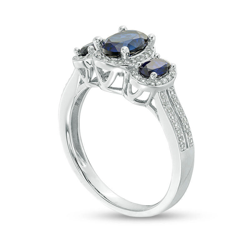 Oval Blue Sapphire and 0.25 CT. T.W. Natural Diamond Three Stone Frame Ring in Solid 10K White Gold