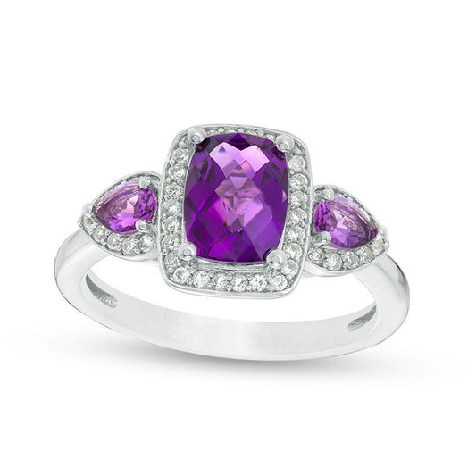 Cushion-Cut Amethyst and Lab-Created White Sapphire Three Stone Frame Ring in Sterling Silver