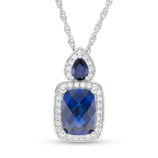 Cushion-Cut Lab-Created Blue and White Sapphire Frame Pendant in Sterling Silver