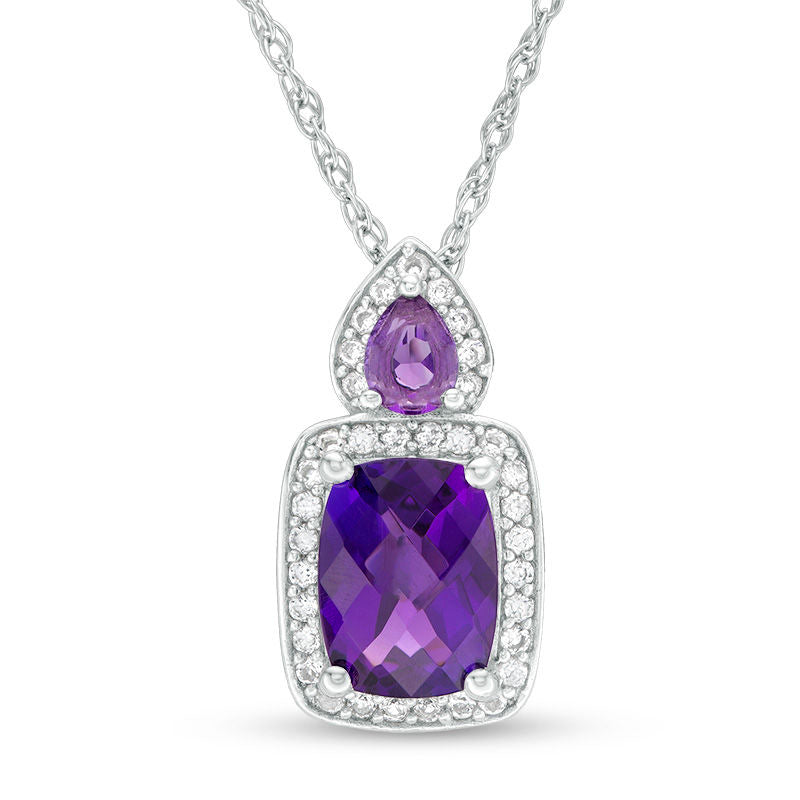 Cushion-Cut Amethyst and Lab-Created White Sapphire Frame Pendant in Sterling Silver