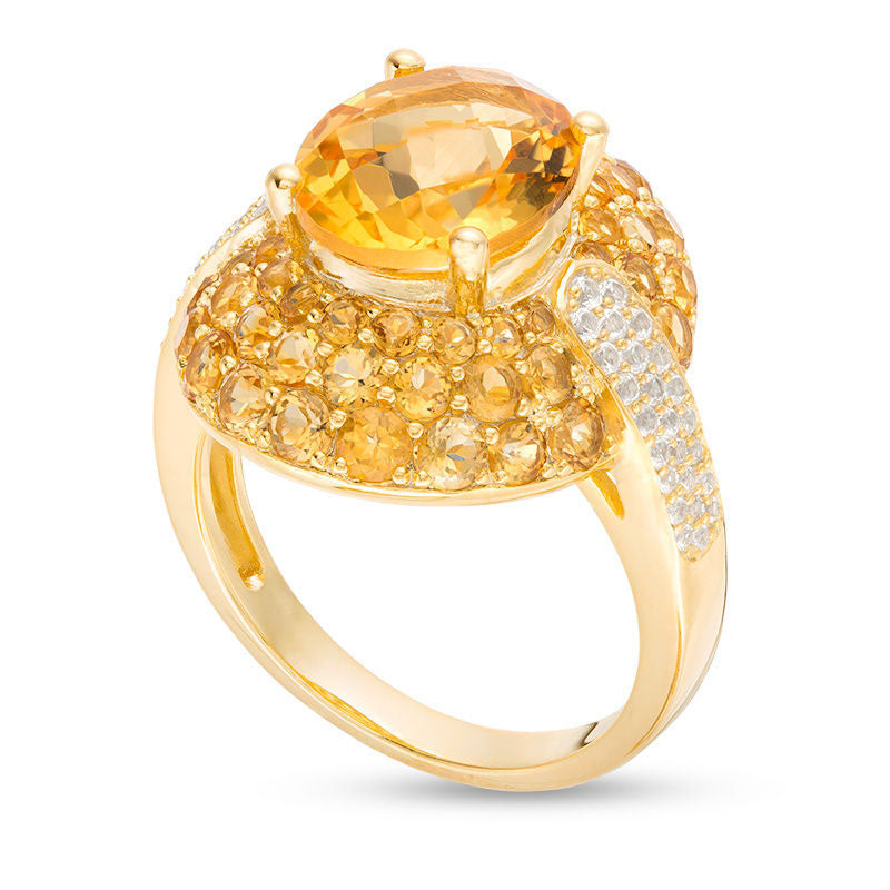 Oval Citrine and Lab-Created White Sapphire Frame Arrow-Sides Ring in Sterling Silver with Solid 14K Gold Plate