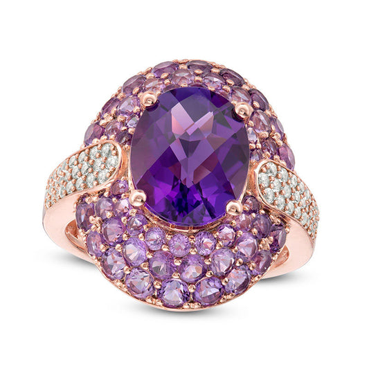 Oval Amethyst and Lab-Created White Sapphire Frame Arrow-Sides Ring in Sterling Silver with Solid 14K Rose Gold Plate