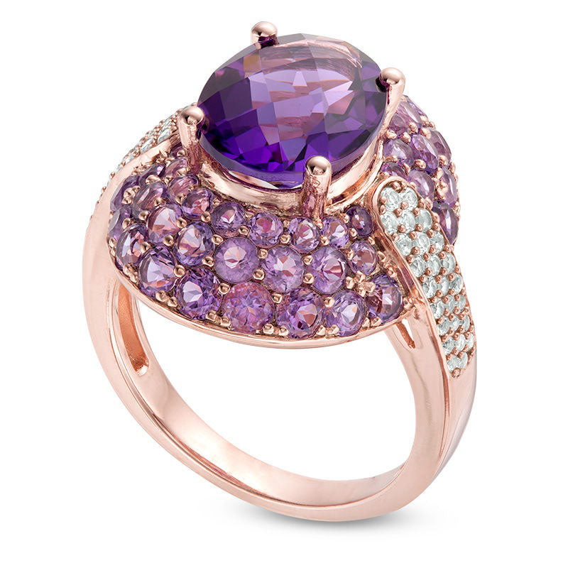 Oval Amethyst and Lab-Created White Sapphire Frame Arrow-Sides Ring in Sterling Silver with Solid 14K Rose Gold Plate