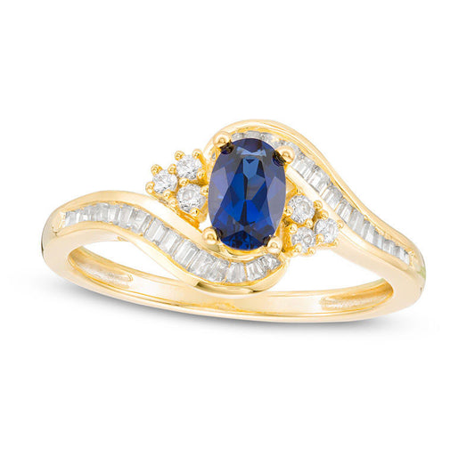 Oval Blue Sapphire and 0.33 CT. T.W. Natural Diamond Tri-Sides Bypass Ring in Solid 10K Yellow Gold