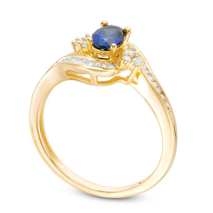 Oval Blue Sapphire and 0.33 CT. T.W. Natural Diamond Tri-Sides Bypass Ring in Solid 10K Yellow Gold