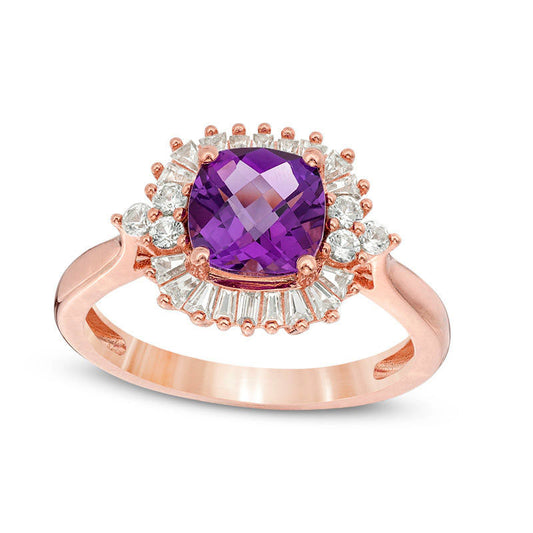 7.0mm Cushion-Cut Amethyst and White Sapphire Frame Tri-Sides Ring in Sterling Silver with Solid 14K Rose Gold Plate