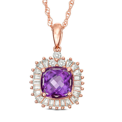Cushion-Cut Amethyst and Lab-Created White Sapphire Sunburst Frame Pendant in Sterling Silver with 14K Rose Gold Plate
