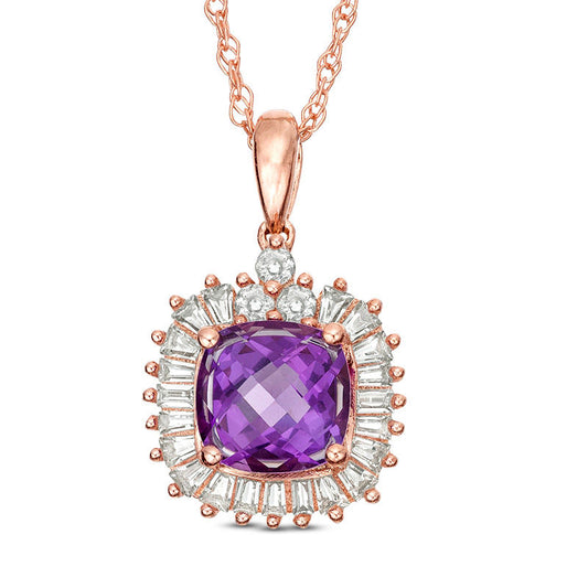 Cushion-Cut Amethyst and Lab-Created White Sapphire Sunburst Frame Pendant in Sterling Silver with 14K Rose Gold Plate