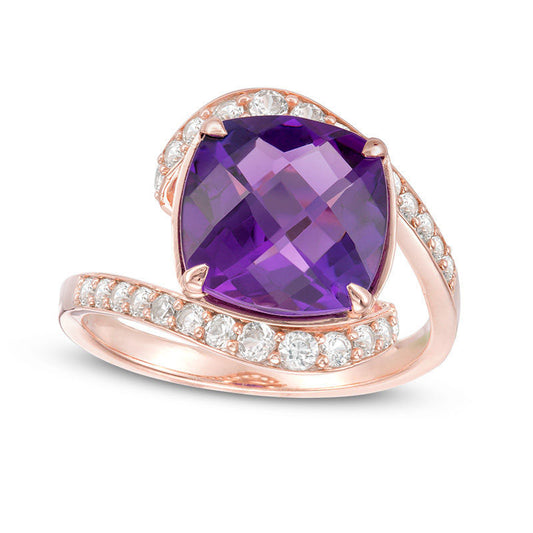 10.0mm Cushion-Cut Amethyst and 0.38 CT. T.W. Natural Diamond Bypass Ring in Solid 10K Rose Gold