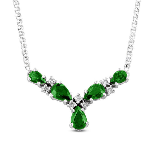 Pear-Shaped Emerald and 0.13 CT. T.W. Natural Diamond Five Stone "V" Necklace in 14K White Gold - 17.125"