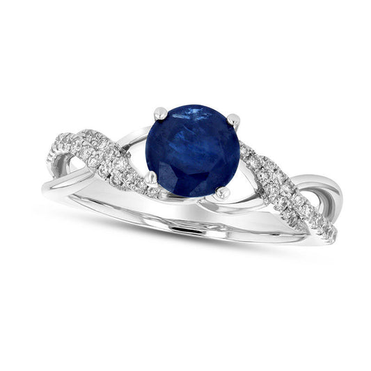 5.5mm Blue Sapphire and 0.17 CT. T.W. Natural Diamond Double Row Open Crossover Engagement Ring in Solid 18K White Gold