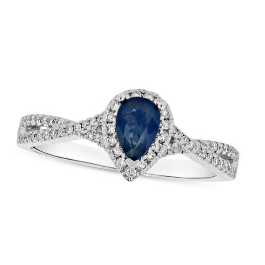 Pear-Shaped Blue Sapphire and 0.20 CT. T.W. Natural Diamond Frame Crossover Engagement Ring in Solid 18K White Gold