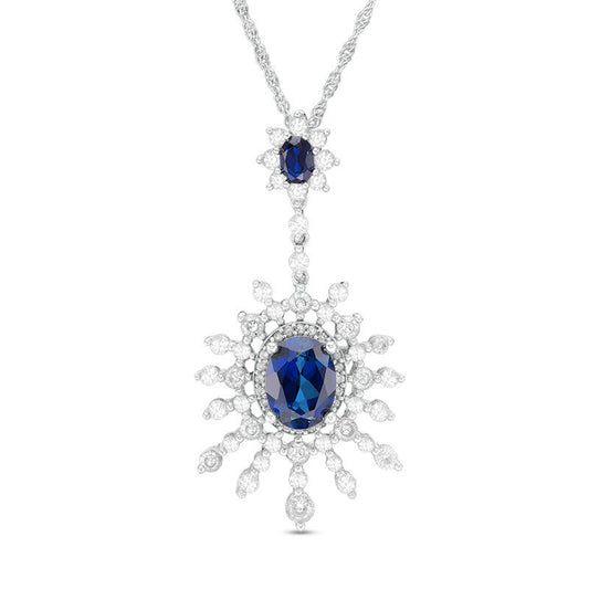 Oval Lab-Created Blue and White Sapphire Sunburst Pendant in Sterling Silver