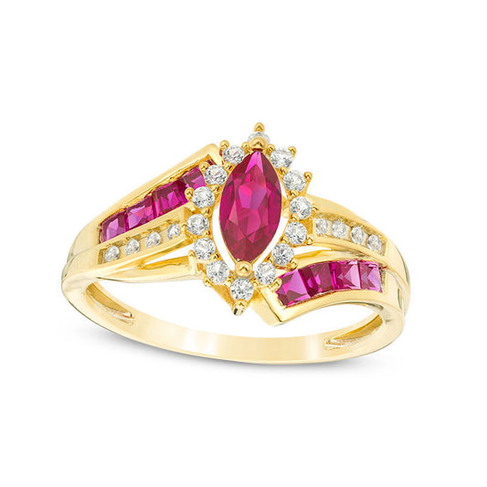 Marquise Ruby and 0.17 CT. T.W. Natural Diamond Double Row Bypass Ring in Solid 10K Yellow Gold