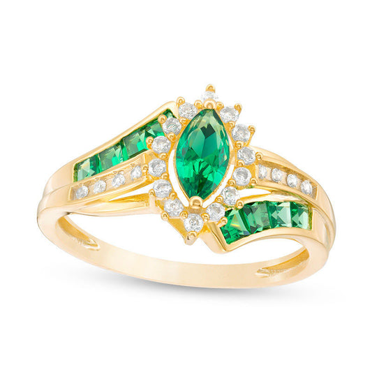Marquise Emerald and 0.17 CT. T.W. Natural Diamond Double Row Bypass Ring in Solid 10K Yellow Gold