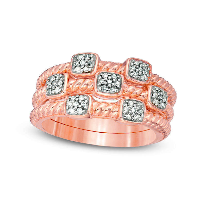 0.20 CT. T.W. Composite Natural Diamond Rope Shank Three Piece Stackable Band Set in Sterling Silver with Solid 14K Rose Gold Plate