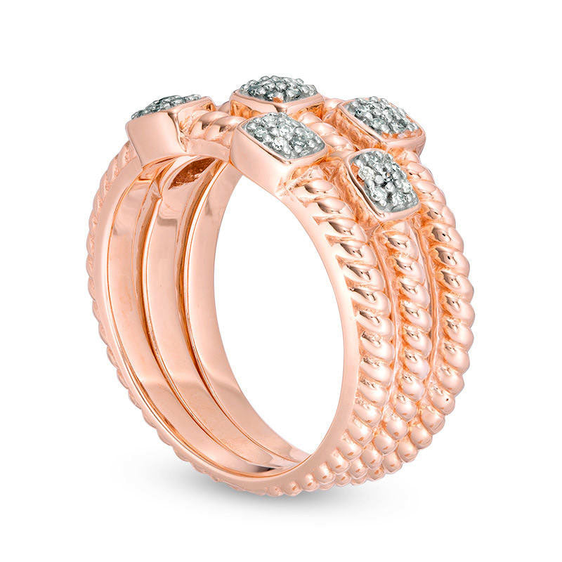 0.20 CT. T.W. Composite Natural Diamond Rope Shank Three Piece Stackable Band Set in Sterling Silver with Solid 14K Rose Gold Plate