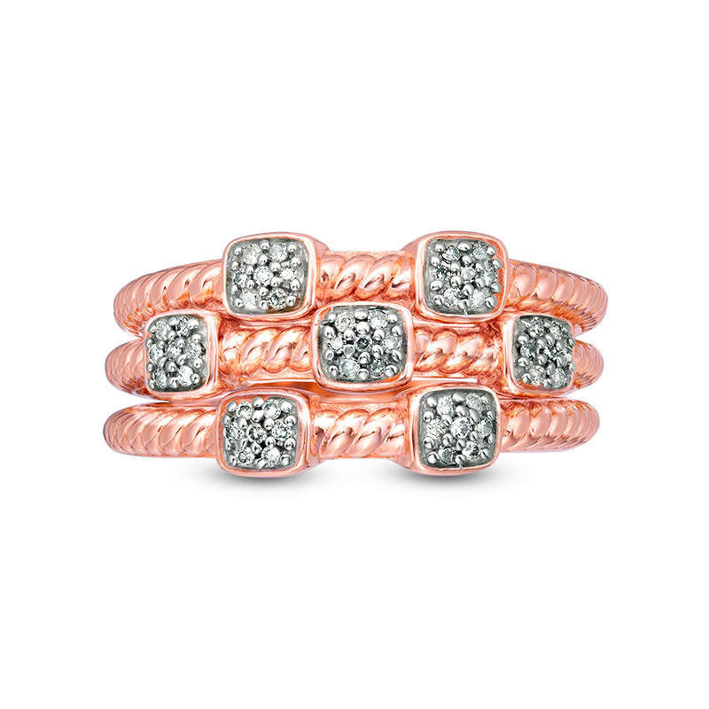 0.20 CT. T.W. Composite Natural Diamond Rope Shank Three Piece Stackable Band Set in Sterling Silver with Solid 14K Rose Gold Plate