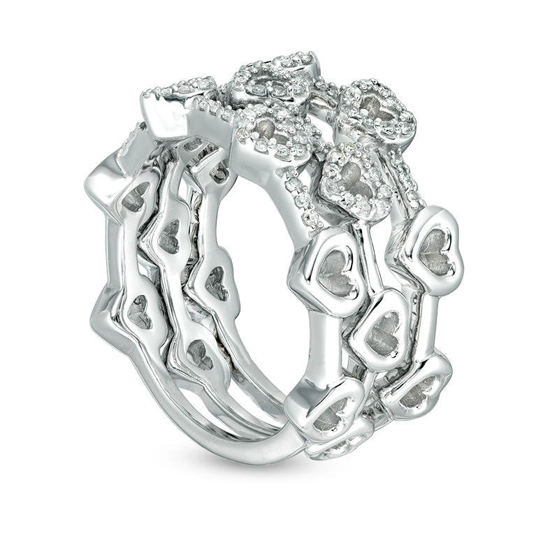 0.33 CT. T.W. Natural Diamond Heart Outline Three Piece Stackable Band Set in Sterling Silver