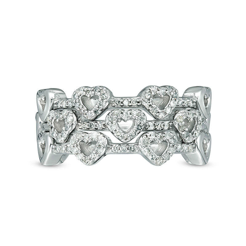 0.33 CT. T.W. Natural Diamond Heart Outline Three Piece Stackable Band Set in Sterling Silver