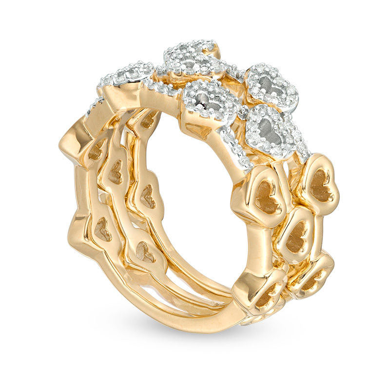 0.33 CT. T.W. Natural Diamond Heart Outline Three Piece Stackable Band Set in Sterling Silver with Solid 14K Gold Plate