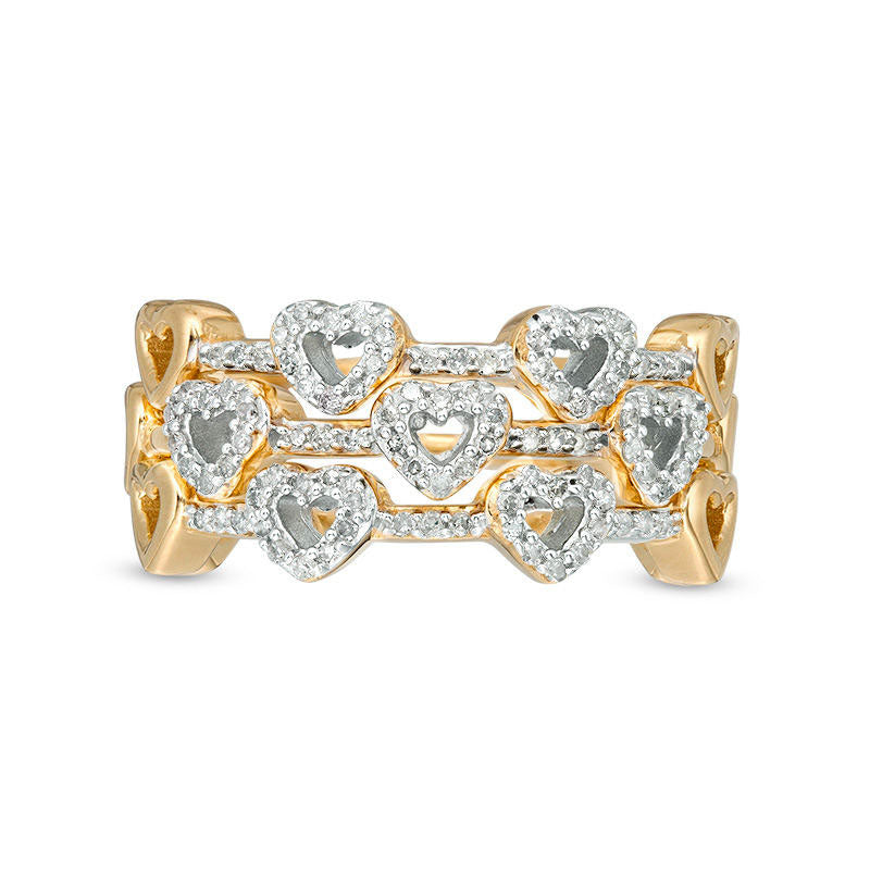 0.33 CT. T.W. Natural Diamond Heart Outline Three Piece Stackable Band Set in Sterling Silver with Solid 14K Gold Plate
