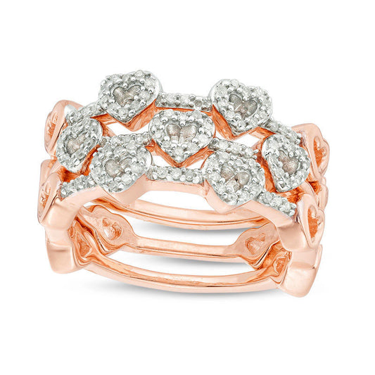 0.33 CT. T.W. Natural Diamond Heart Outline Three Piece Stackable Band Set in Sterling Silver with Solid 14K Rose Gold Plate