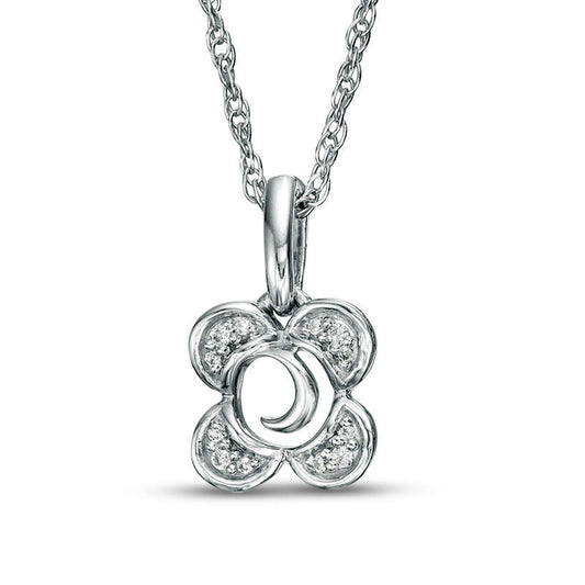 Natural Diamond Accent Crescent Moon center Flower Pendant in Sterling Silver