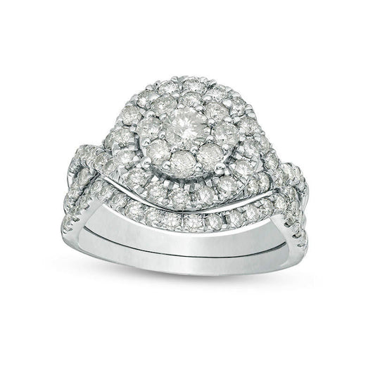 1.75 CT. T.W. Natural Diamond Double Frame Twist Bridal Engagement Ring Set in Solid 10K White Gold