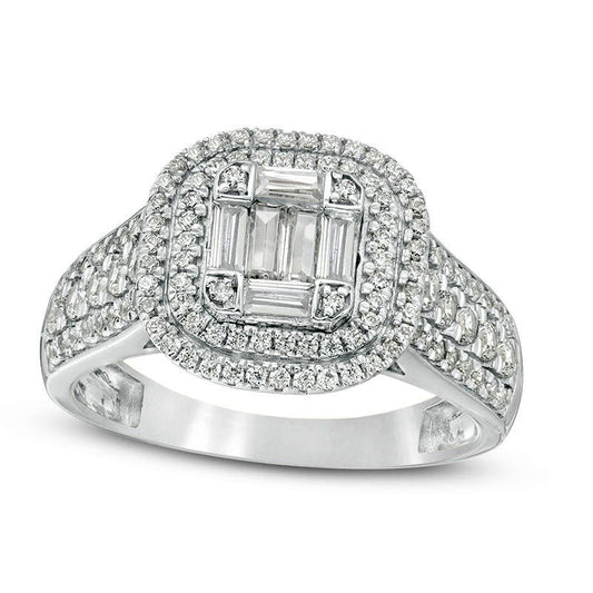 1.0 CT. T.W. Baguette and Round Composite Natural Diamond Cushion Frame Multi-Row Engagement Ring in Solid 10K White Gold