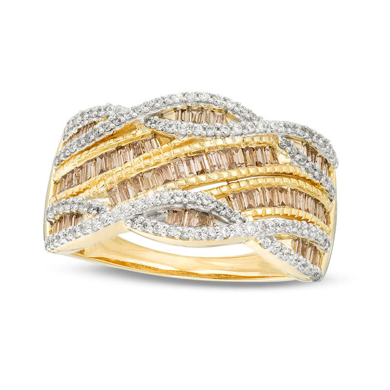 0.75 CT. T.W. Champagne and White Natural Diamond Slant Twist Anniversary Ring in Solid 10K Yellow Gold