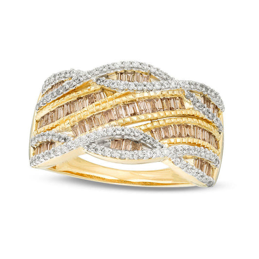 0.75 CT. T.W. Champagne and White Natural Diamond Slant Twist Anniversary Ring in Solid 10K Yellow Gold