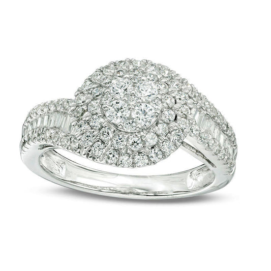1.0 CT. T.W. Baguette and Round Composite Natural Diamond Bypass Engagement Ring in Solid 10K White Gold