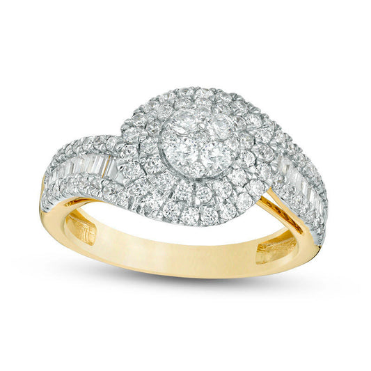 1.0 CT. T.W. Baguette and Round Composite Natural Diamond Frame Bypass Engagement Ring in Solid 10K Yellow Gold