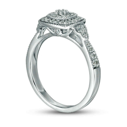 0.50 CT. T.W. Composite Natural Diamond Cushion Frame Tri-Sides Antique Vintage-Style Engagement Ring in Solid 10K White Gold