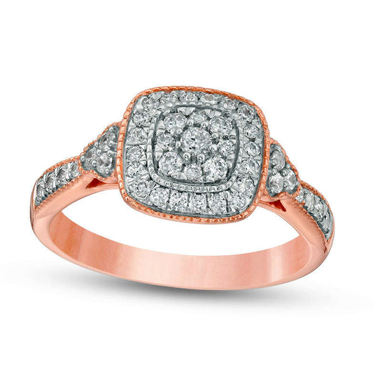0.50 CT. T.W. Composite Natural Diamond Cushion Frame Tri-Sides Antique Vintage-Style Engagement Ring in Solid 10K Rose Gold