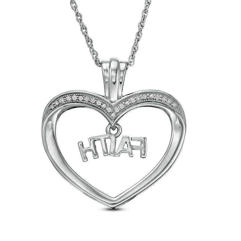 0.1 CT. T.W. Natural Diamond "FAITH" Charm in Heart Pendant in Sterling Silver