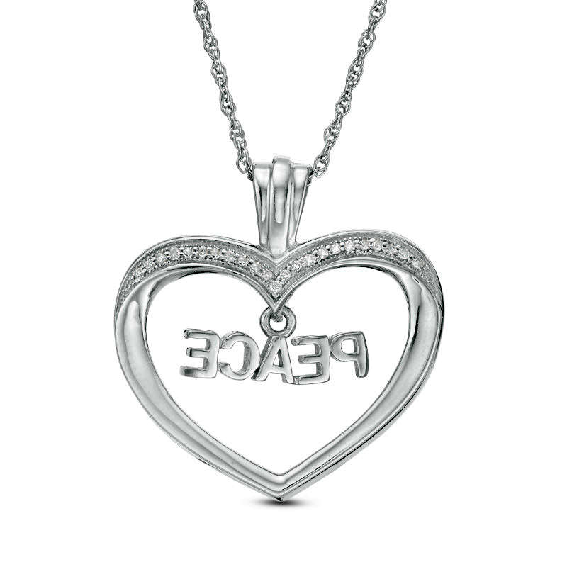 0.1 CT. T.W. Natural Diamond "PEACE" Charm in Heart Pendant in Sterling Silver