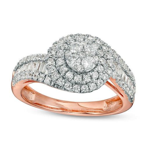 1.0 CT. T.W. Baguette and Round Composite Natural Diamond Bypass Engagement Ring in Solid 10K Rose Gold