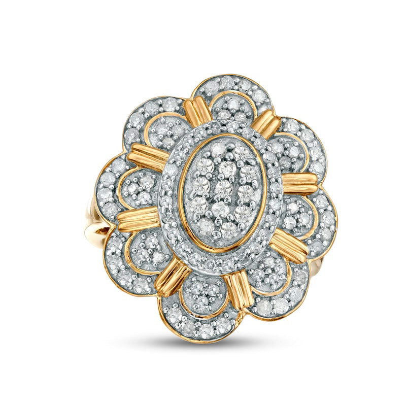 0.88 CT. T.W. Natural Diamond Oval Flower Ring in Sterling Silver with Solid 14K Gold Plate