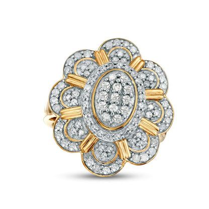 0.88 CT. T.W. Natural Diamond Oval Flower Ring in Sterling Silver with Solid 14K Gold Plate
