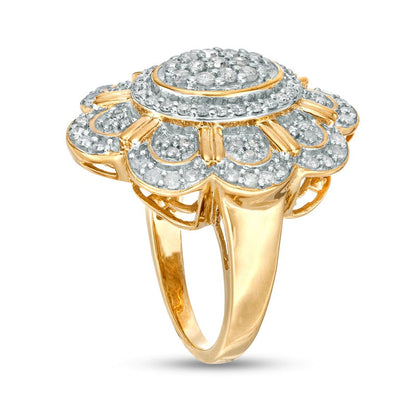 0.88 CT. T.W. Natural Diamond Oval Flower Ring in Sterling Silver with Solid 14K Gold Plate