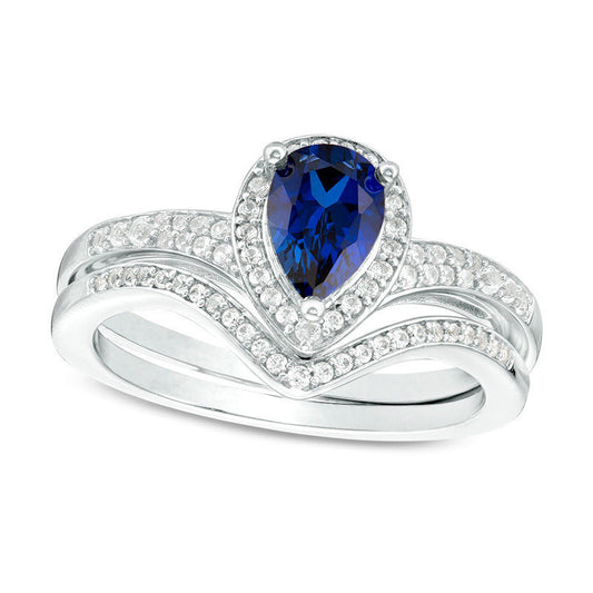 Pear-Shaped Lab-Created Blue Sapphire and 0.25 CT. T.W. Diamond Frame Chevron Bridal Engagement Ring Set in Sterling Silver