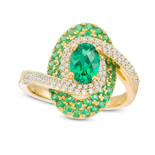 Oval Lab-Created Emerald and White Sapphire Bypass Swirl Frame Ring in Sterling Silver with Solid 14K Gold Plate