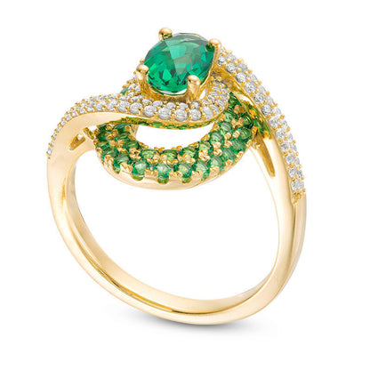Oval Lab-Created Emerald and White Sapphire Bypass Swirl Frame Ring in Sterling Silver with Solid 14K Gold Plate