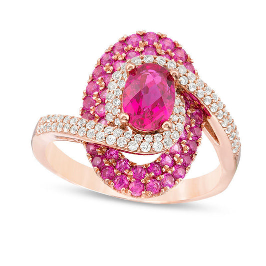 Oval Lab-Created Ruby and White Sapphire Bypass Swirl Frame Ring in Sterling Silver with Solid 14K Rose Gold Plate