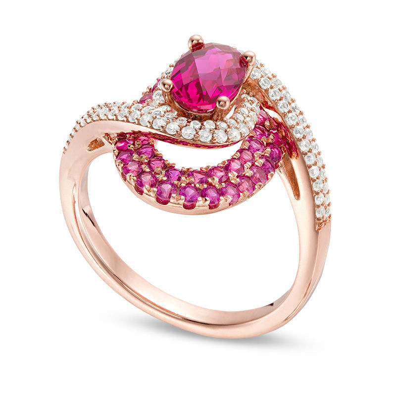 Oval Lab-Created Ruby and White Sapphire Bypass Swirl Frame Ring in Sterling Silver with Solid 14K Rose Gold Plate