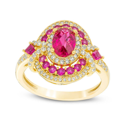 Oval Lab-Created Ruby and White Sapphire Triple Frame V-Sides Ring in Sterling Silver with Solid 14K Gold Plate