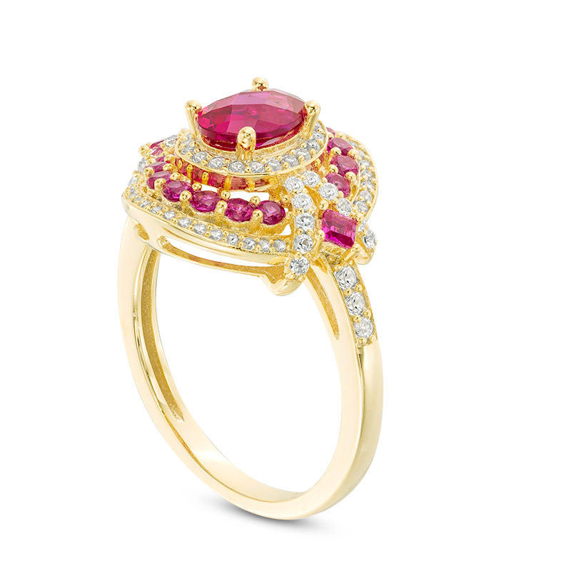 Oval Lab-Created Ruby and White Sapphire Triple Frame V-Sides Ring in Sterling Silver with Solid 14K Gold Plate