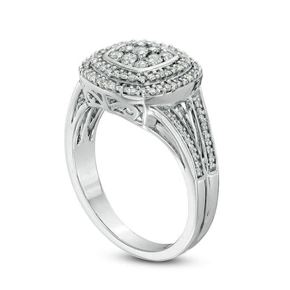 0.50 CT. T.W. Composite Natural Diamond Double Cushion Frame Split Shank Engagement Ring in Sterling Silver